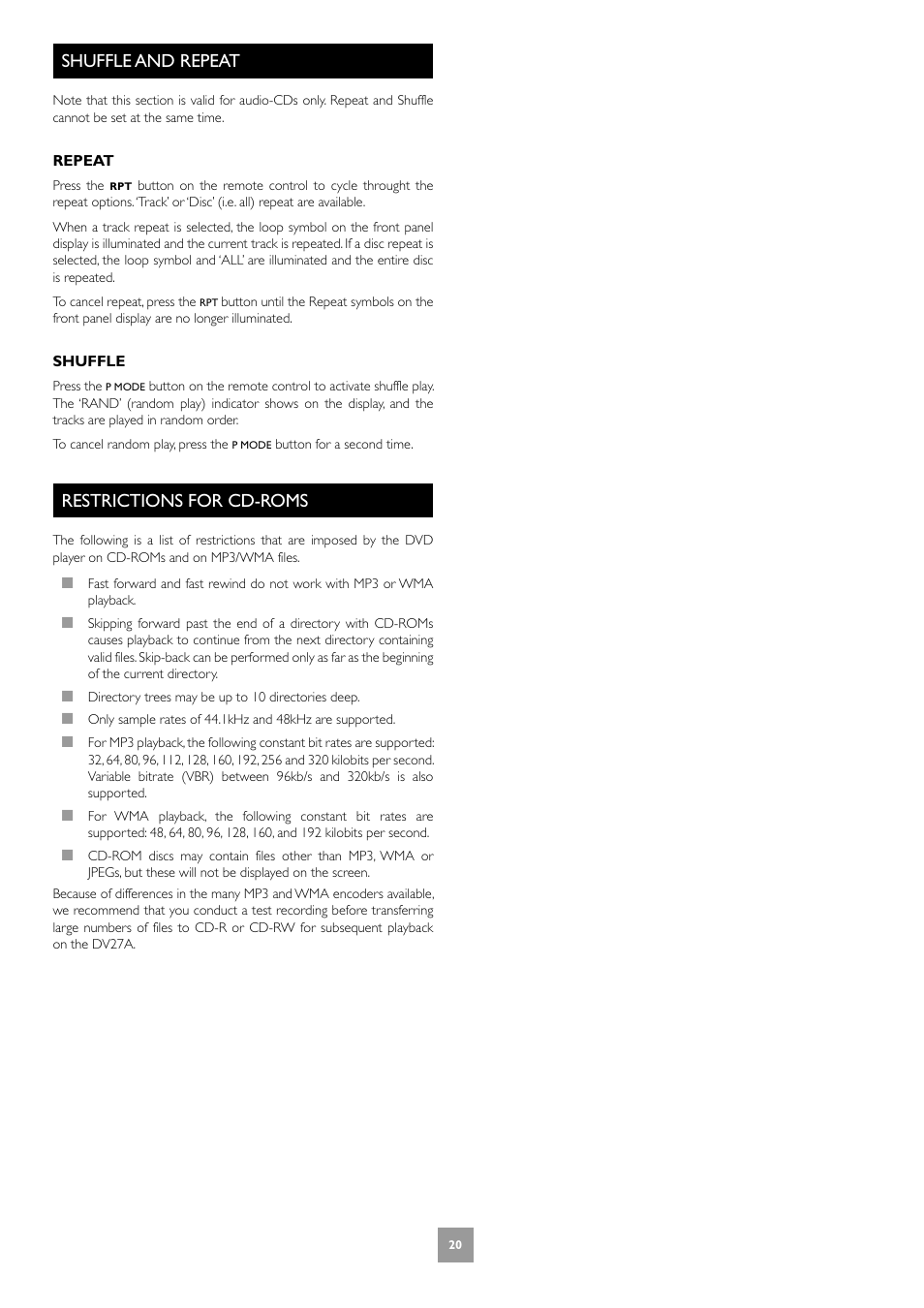 Shuffle and repeat, Restrictions for cd-roms, 20 restrictions for cd-roms | Arcam DV27A User Manual | Page 20 / 100