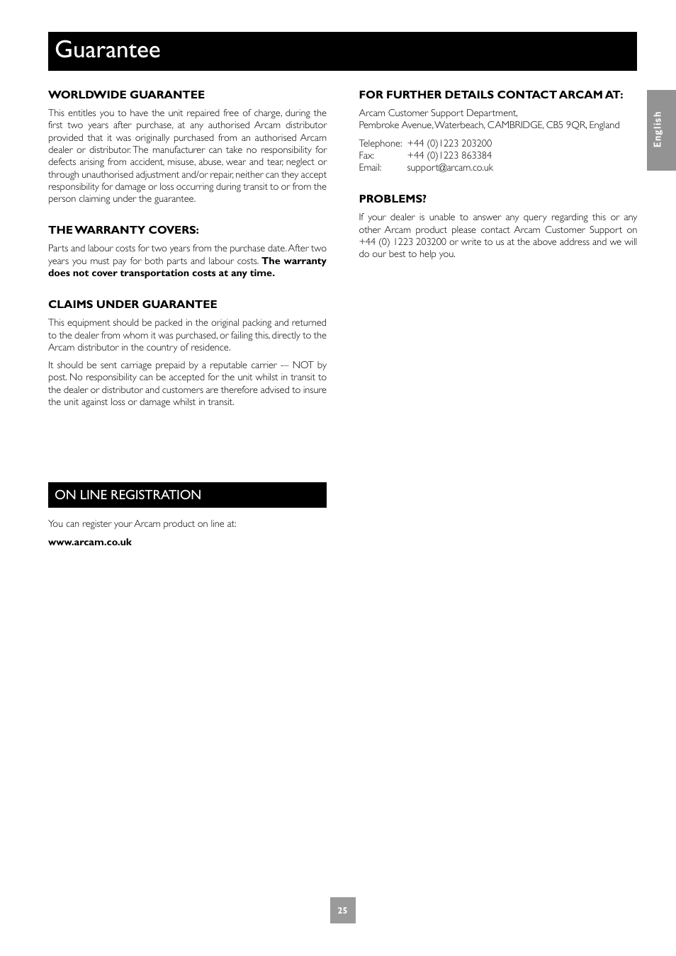 Guarantee, On line registration | Arcam DV27A User Manual | Page 25 / 100