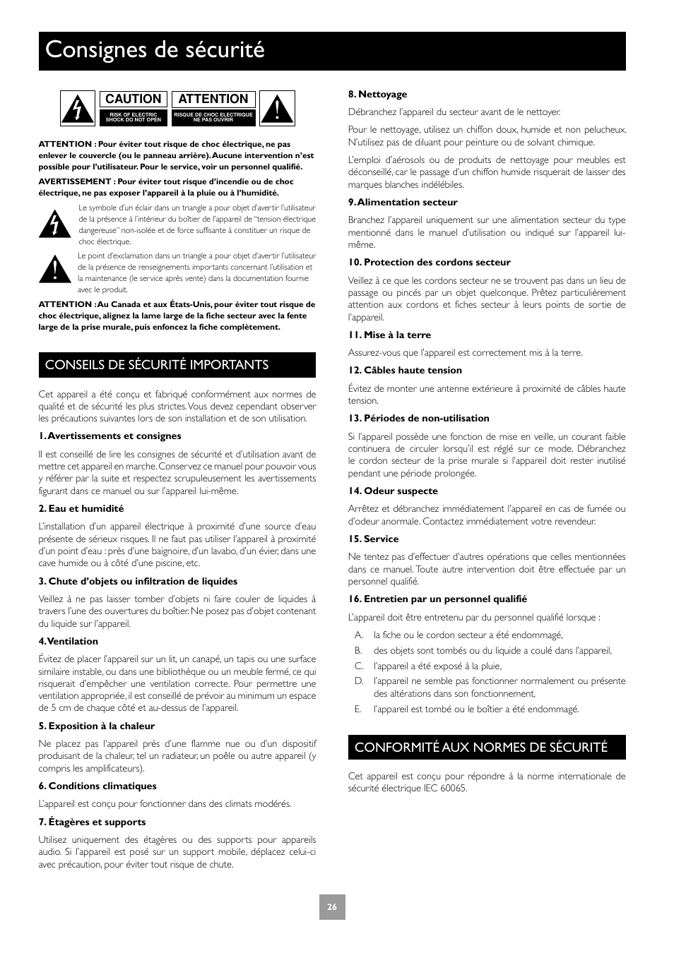 Consignes de sécurité, Conseils de sécurité importants, Conformité aux normes de sécurité | Arcam DV27A User Manual | Page 26 / 100