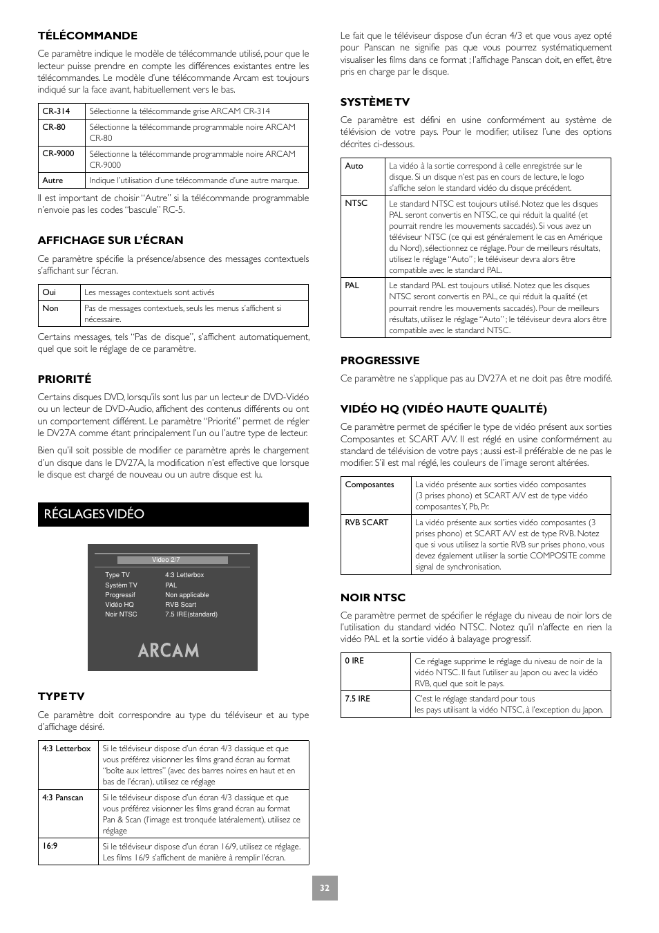 Réglages vidéo, Télécommande, Affichage sur l’écran | Priorité, Type tv, Système tv, Progressive, Vidéo hq (vidéo haute qualité), Noir ntsc | Arcam DV27A User Manual | Page 32 / 100