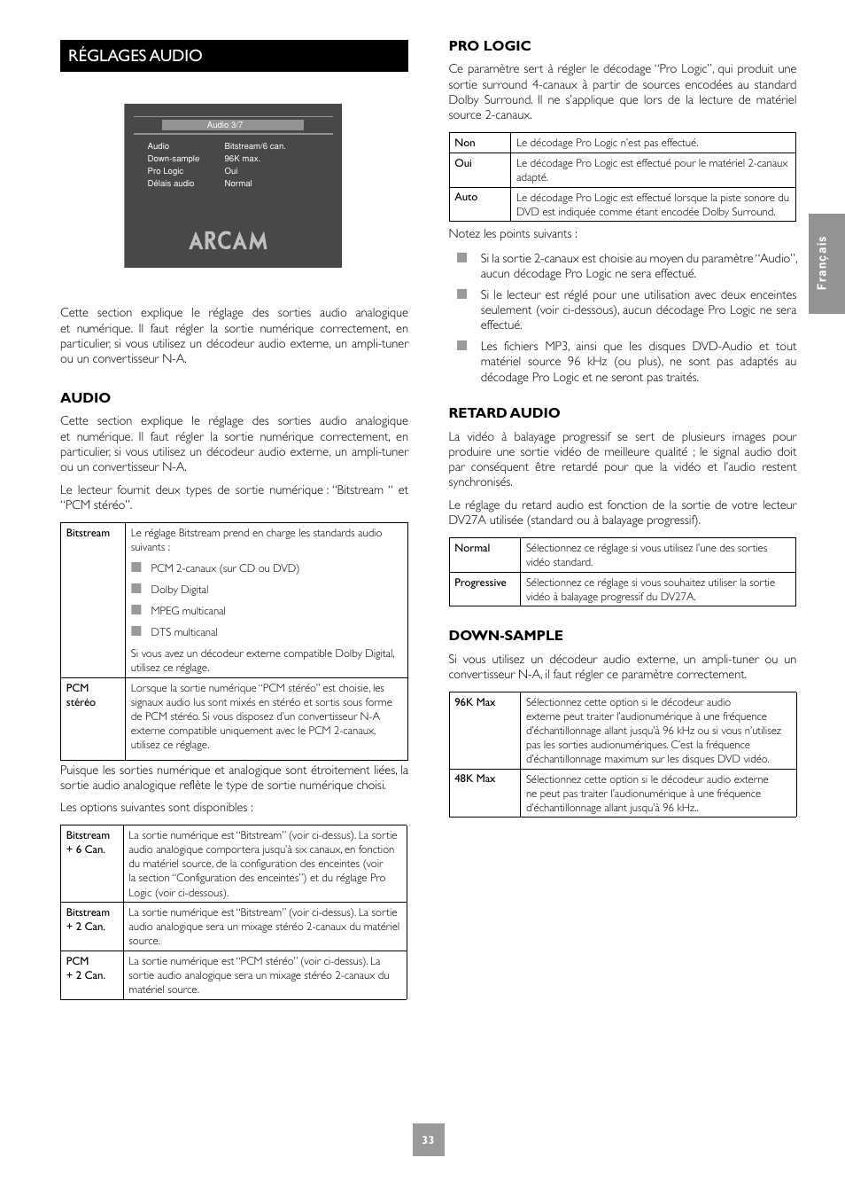 Réglages audio | Arcam DV27A User Manual | Page 33 / 100