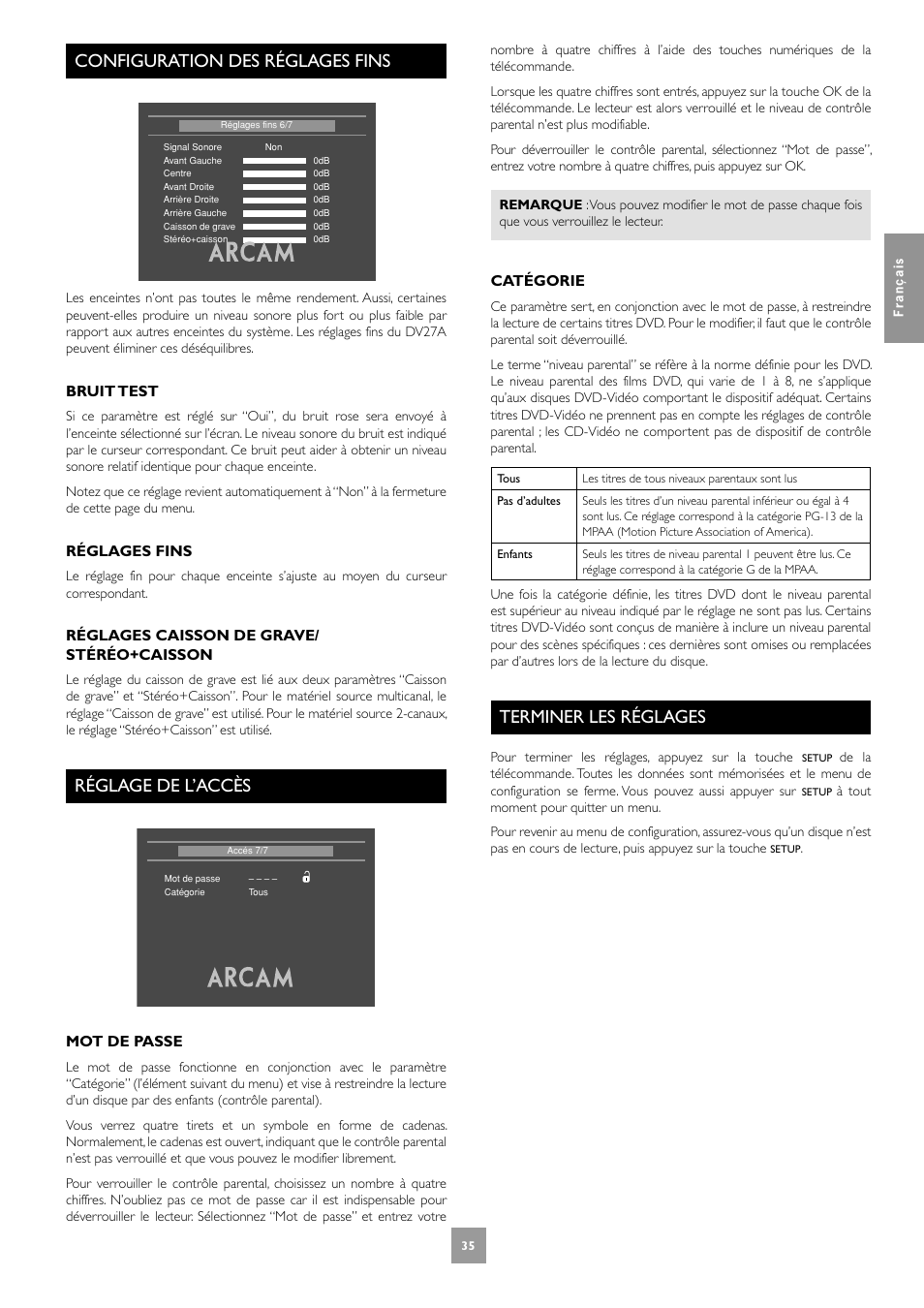 Configuration des réglages fins, Réglage de l’accès, Terminer les réglages | Configuration des réglages fins réglage de l’accès, 35 terminer les réglages, Bruit test, Réglages fins, Réglages caisson de grave/ stéréo+caisson, Mot de passe, Catégorie | Arcam DV27A User Manual | Page 35 / 100