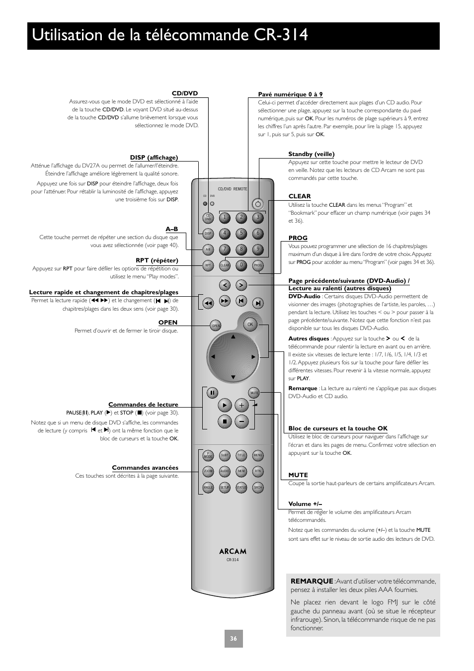 Utilisation de la télécommande cr-314 | Arcam DV27A User Manual | Page 36 / 100