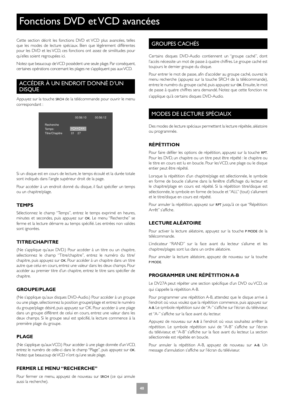 Fonctions dvd et vcd avancées, Accéder à un endroit donné d’un disque, Groupes cachés | Modes de lecture spéciaux, 40 groupes cachés, 40 modes de lecture spéciaux | Arcam DV27A User Manual | Page 40 / 100