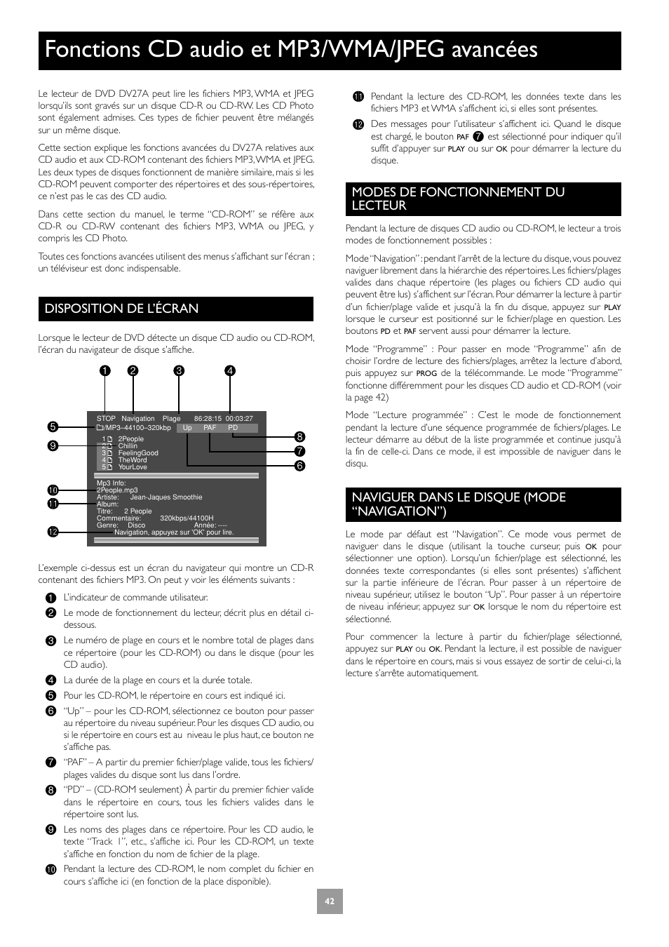 Fonctions cd audio et mp3/wma/jpeg avancées, Disposition de l’écran, Modes de fonctionnement du lecteur | Naviguer dans le disque (mode “navigation”), 42 modes de fonctionnement du lecteur, 42 naviguer dans le disque (mode “navigation”) | Arcam DV27A User Manual | Page 42 / 100