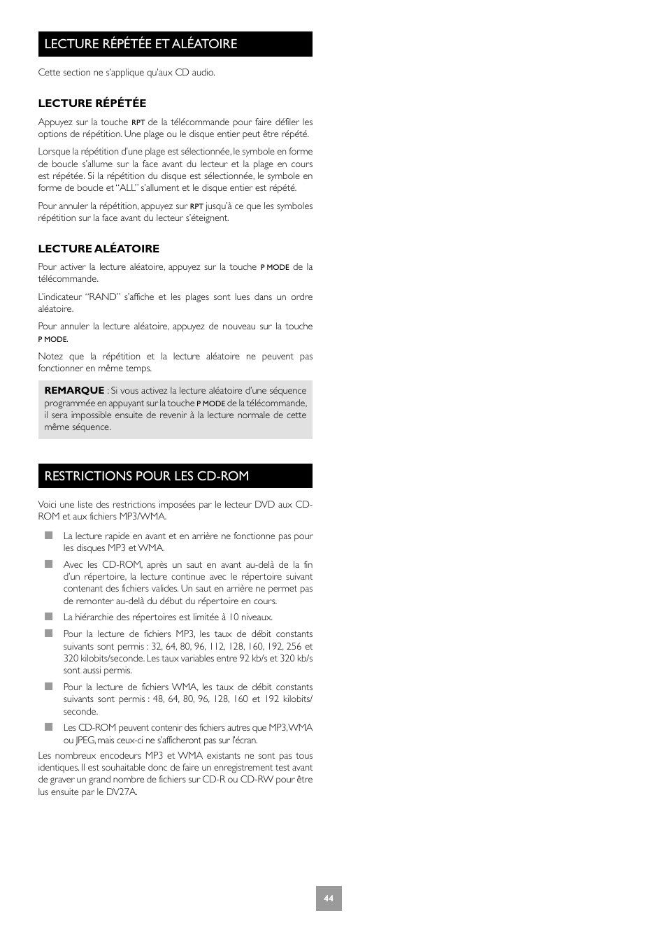 Lecture répétée et aléatoire, Restrictions pour les cd-rom, 44 restrictions pour les cd-rom | Arcam DV27A User Manual | Page 44 / 100