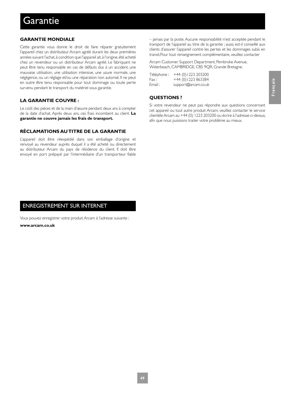 Garantie, Enregistrement sur internet | Arcam DV27A User Manual | Page 49 / 100