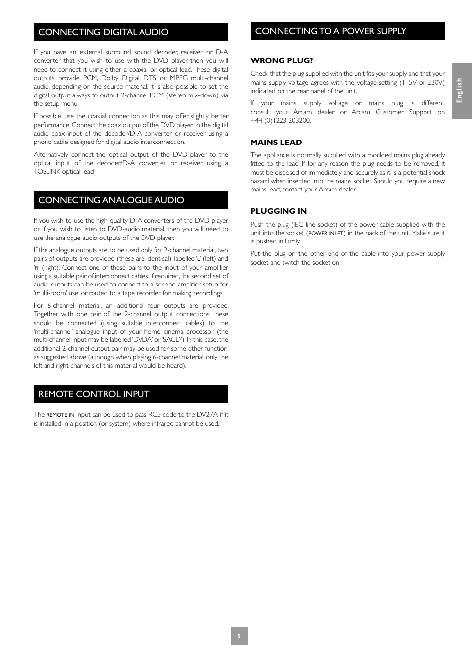 Connecting digital audio, Connecting analogue audio, Remote control input | Connecting to a power supply, 5 connecting analogue audio, 5 remote control input, 5 connecting to a power supply | Arcam DV27A User Manual | Page 5 / 100