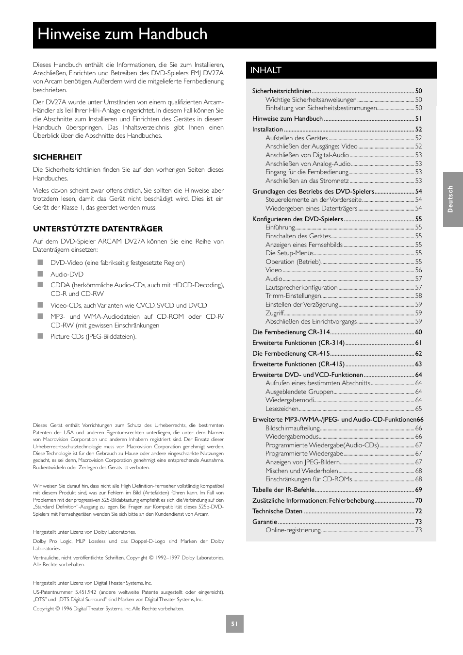 Hinweise zum handbuch, Inhalt | Arcam DV27A User Manual | Page 51 / 100