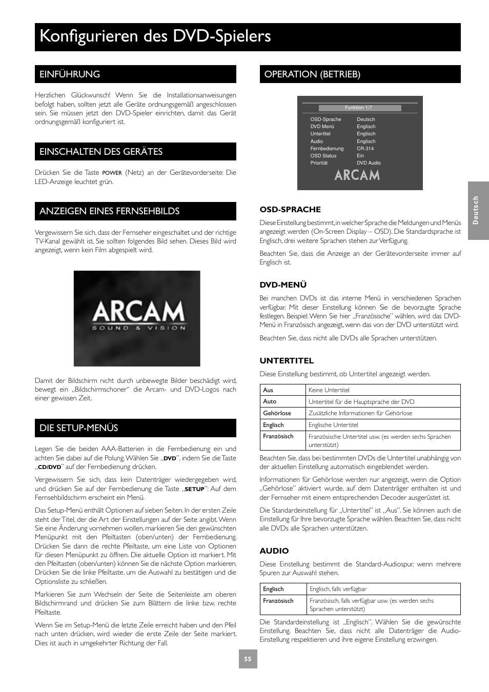Konfigurieren des dvd-spielers, Einführung, Einschalten des gerätes | Anzeigen eines fernsehbilds, Die setup-menüs, Operation (betrieb), 55 einschalten des gerätes, 55 anzeigen eines fernsehbilds, 55 die setup-menüs, 55 operation (betrieb) | Arcam DV27A User Manual | Page 55 / 100