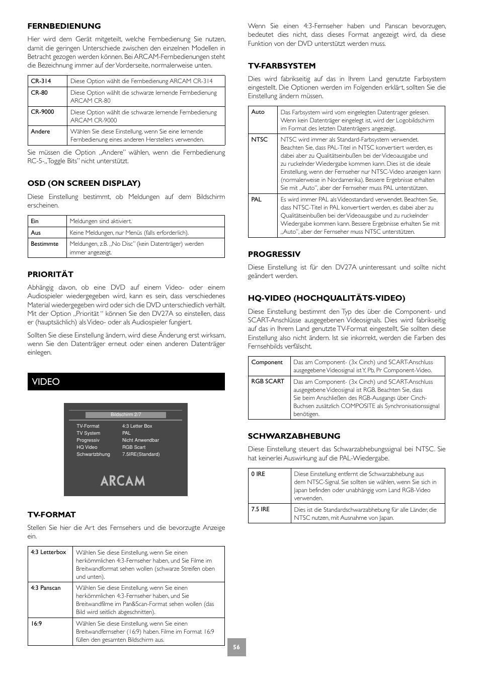 Video, Fernbedienung, Osd (on screen display) | Priorität, Tv-format, Tv-farbsystem, Progressiv, Hq-video (hochqualitäts-video), Schwarzabhebung | Arcam DV27A User Manual | Page 56 / 100