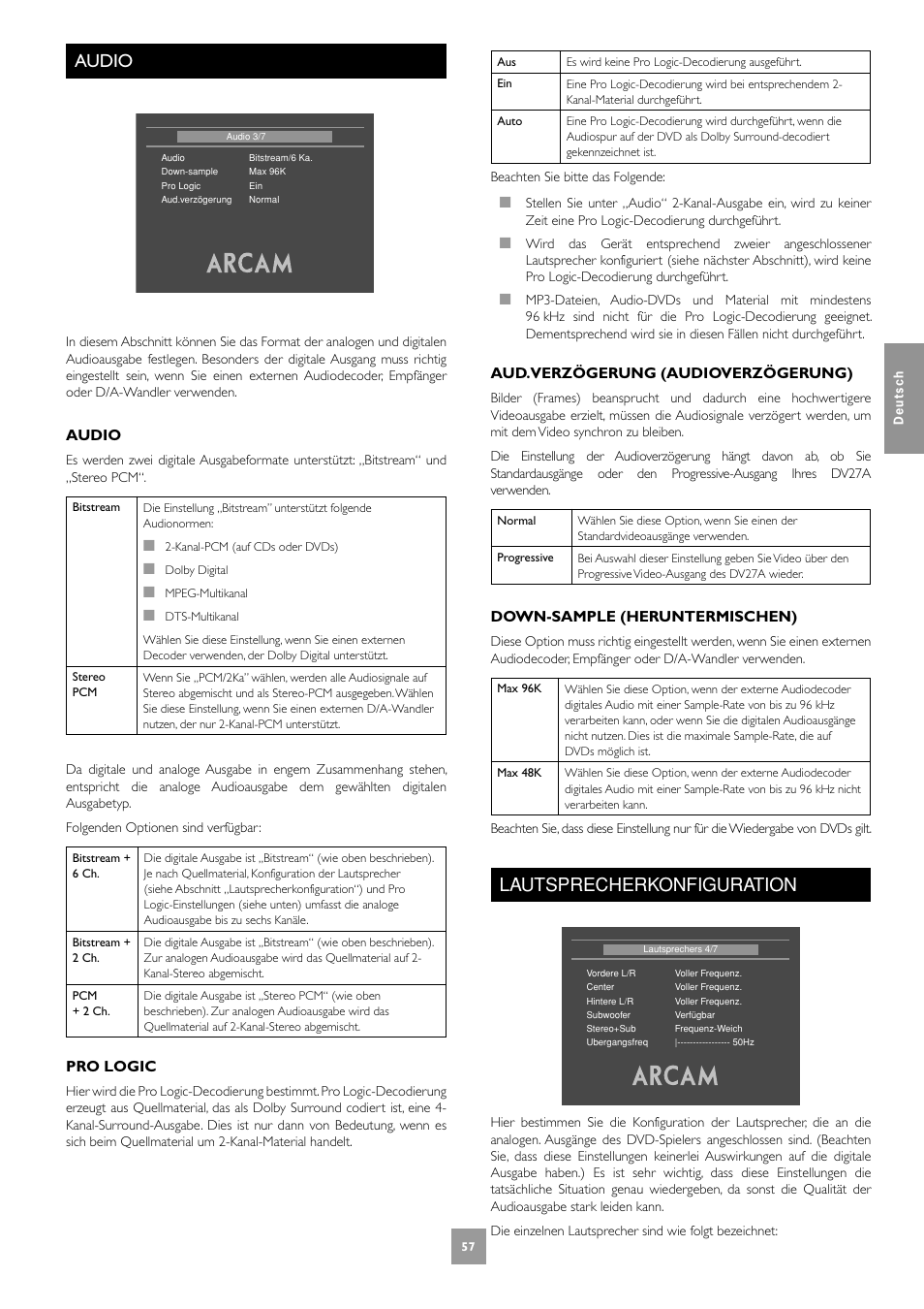 Audio, Lautsprecherkonfiguration, 57 lautsprecherkonfiguration | Pro logic, Aud.verzögerung (audioverzögerung), Down-sample (heruntermischen) | Arcam DV27A User Manual | Page 57 / 100