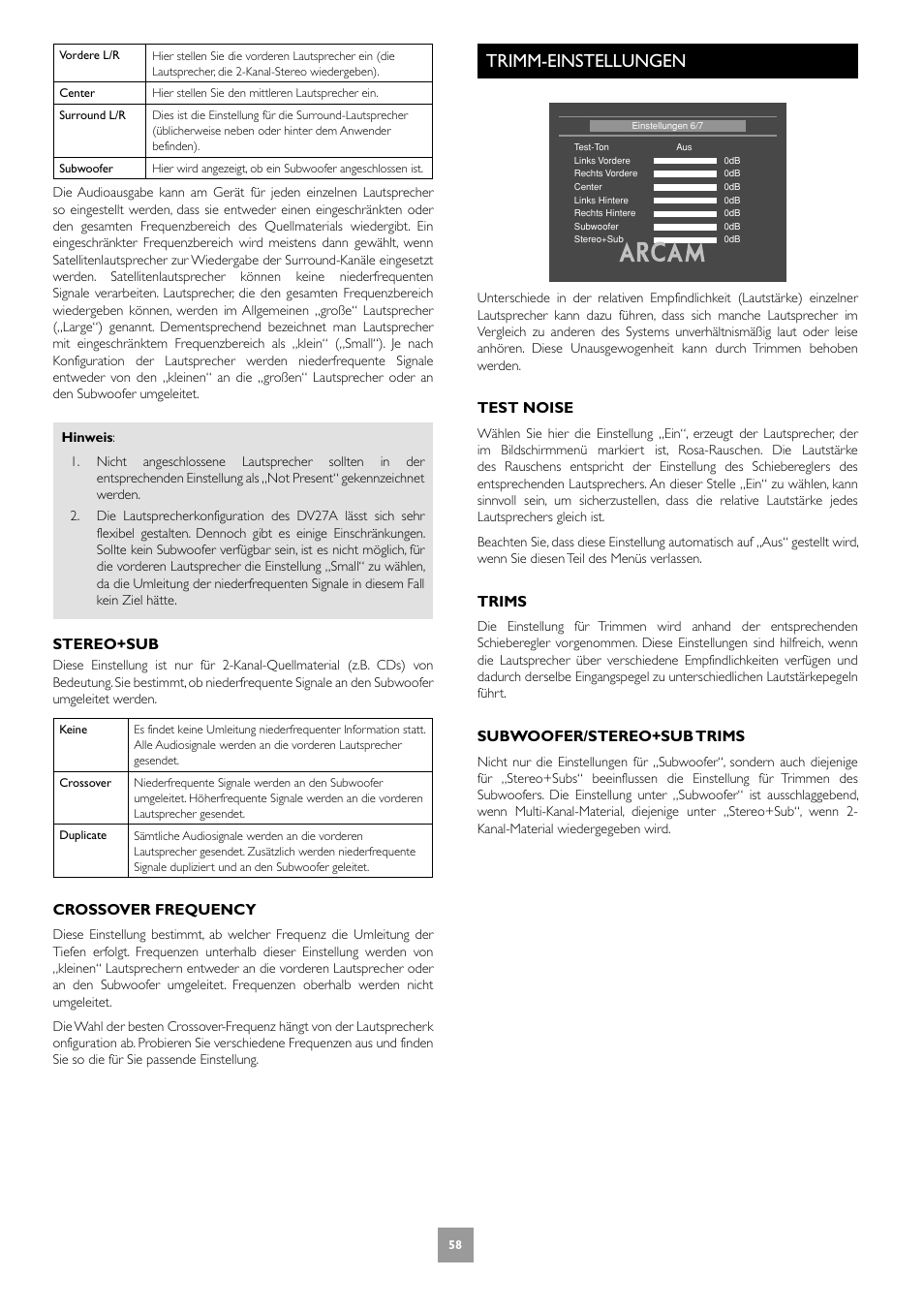 Trimm-einstellungen, Stereo+sub, Crossover frequency | Test noise, Trims, Subwoofer/stereo+sub trims | Arcam DV27A User Manual | Page 58 / 100