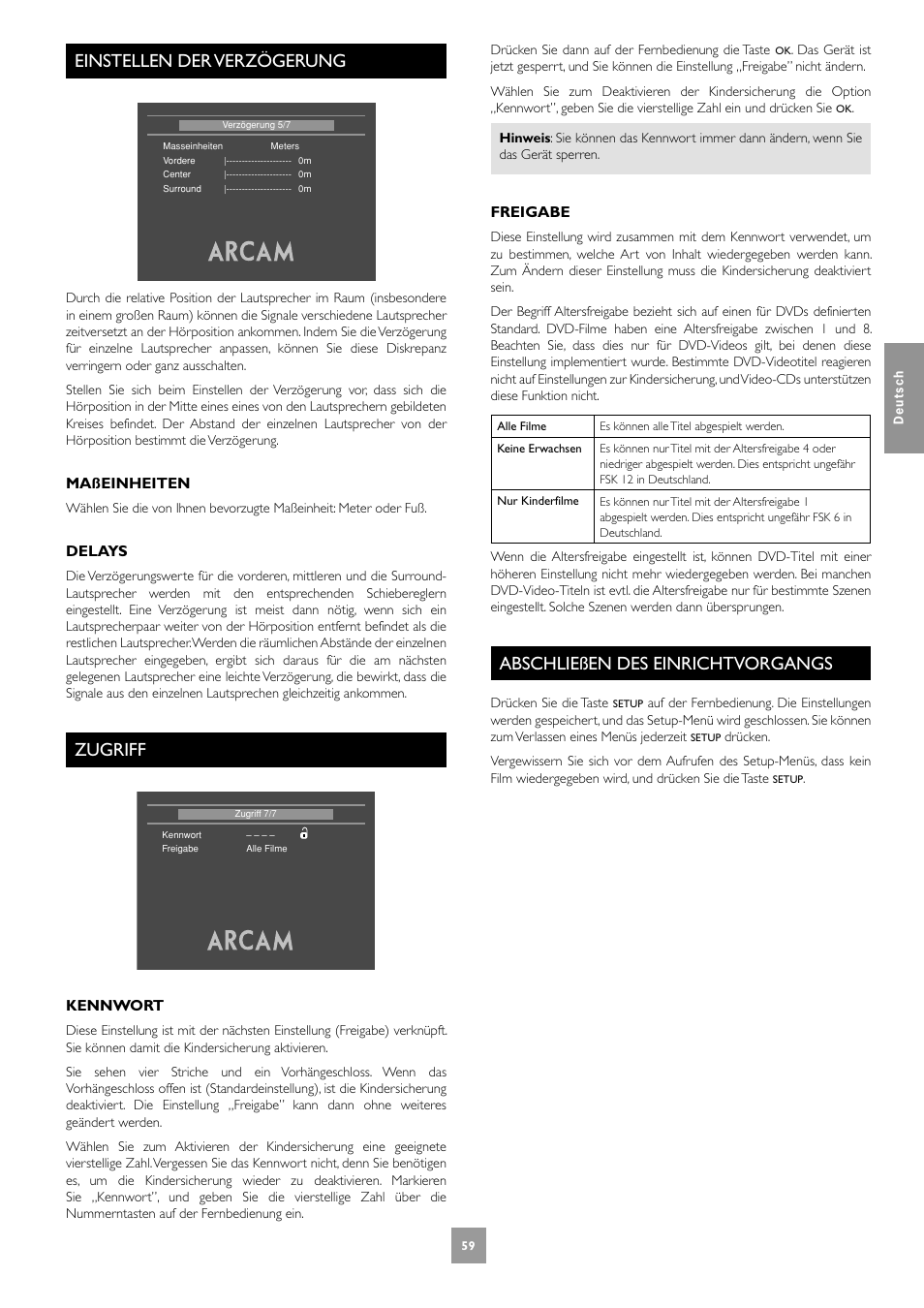 Einstellen der verzögerung, Zugriff, Abschließen des einrichtvorgangs | 59 zugriff, 59 abschließen des einrichtvorgangs, Maßeinheiten, Delays, Kennwort, Freigabe | Arcam DV27A User Manual | Page 59 / 100