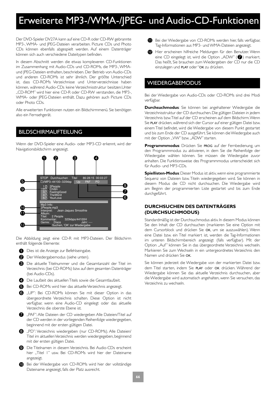 Erweiterte mp3-/wma-/jpeg- und audio-cd‑funktionen, Bildschirmaufteilung, Wiedergabemodus | 66 wiedergabemodus, Erweiterte mp3-/wma-/jpeg- und audio-cd-funktionen | Arcam DV27A User Manual | Page 66 / 100
