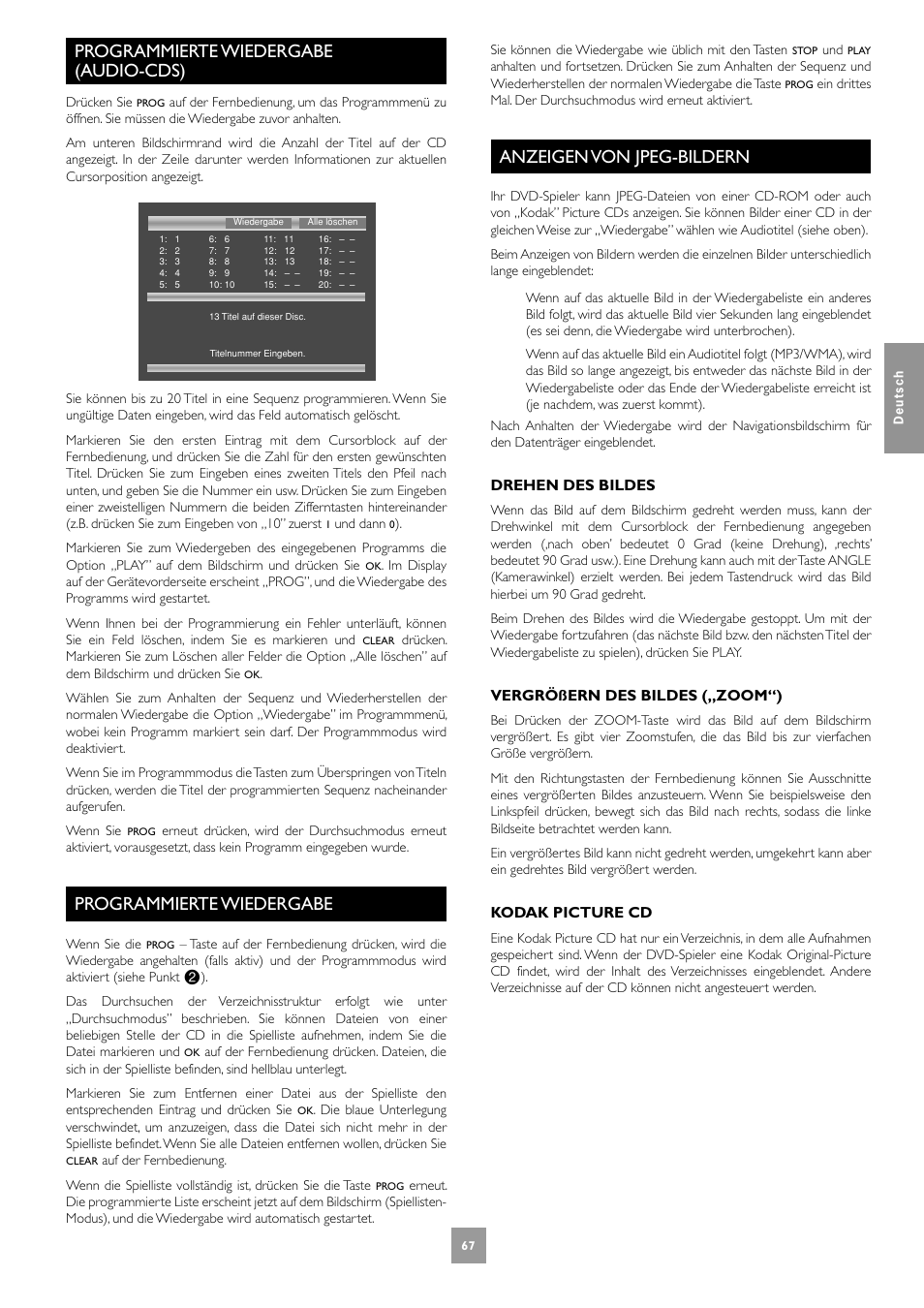 Programmierte wiedergabe(audio-cds), Programmierte wiedergabe, Anzeigen von jpeg-bildern | 67 programmierte wiedergabe, 67 anzeigen von jpeg-bildern, Programmierte wiedergabe (audio-cds) | Arcam DV27A User Manual | Page 67 / 100