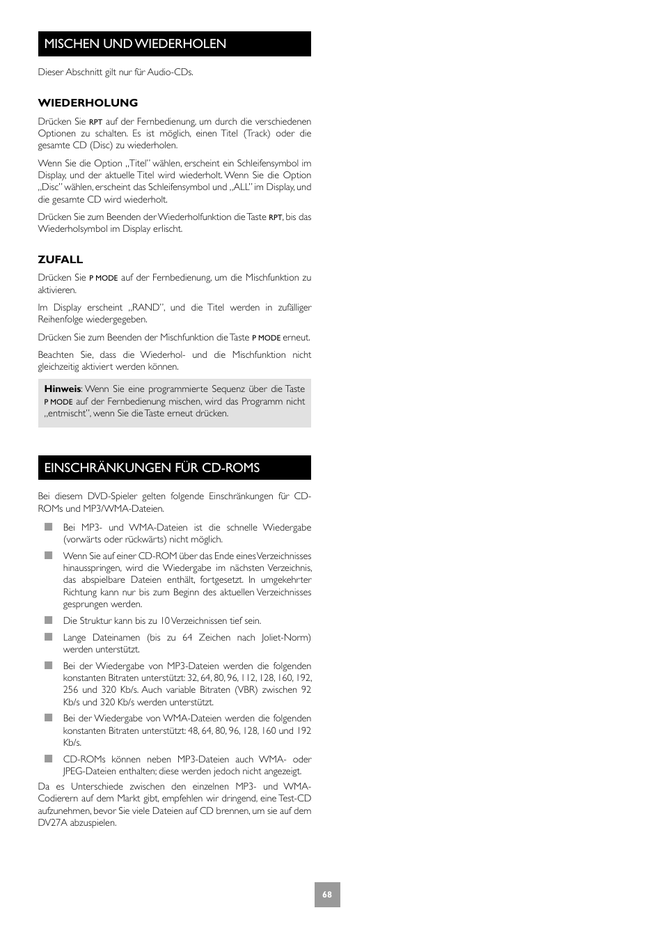 Mischen und wiederholen, Einschränkungen für cd-roms, 68 einschränkungen für cd-roms | Arcam DV27A User Manual | Page 68 / 100