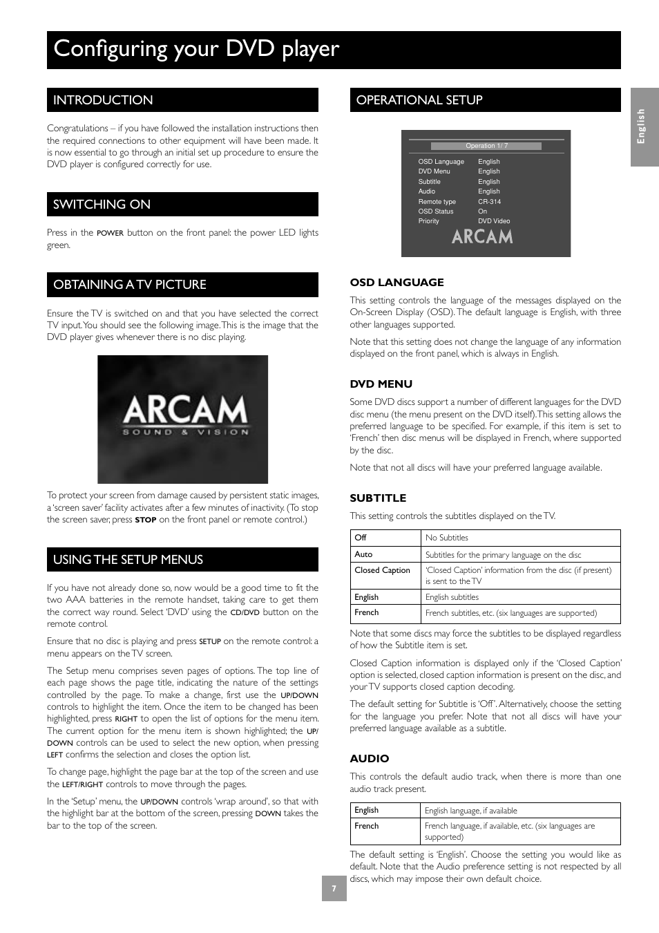 Configuring your dvd player, Introduction, Switching on | Obtaining a tv picture, Using the setup menus, Operational setup, 7 switching on, 7 obtaining a tv picture, 7 using the setup menus, 7 operational setup | Arcam DV27A User Manual | Page 7 / 100