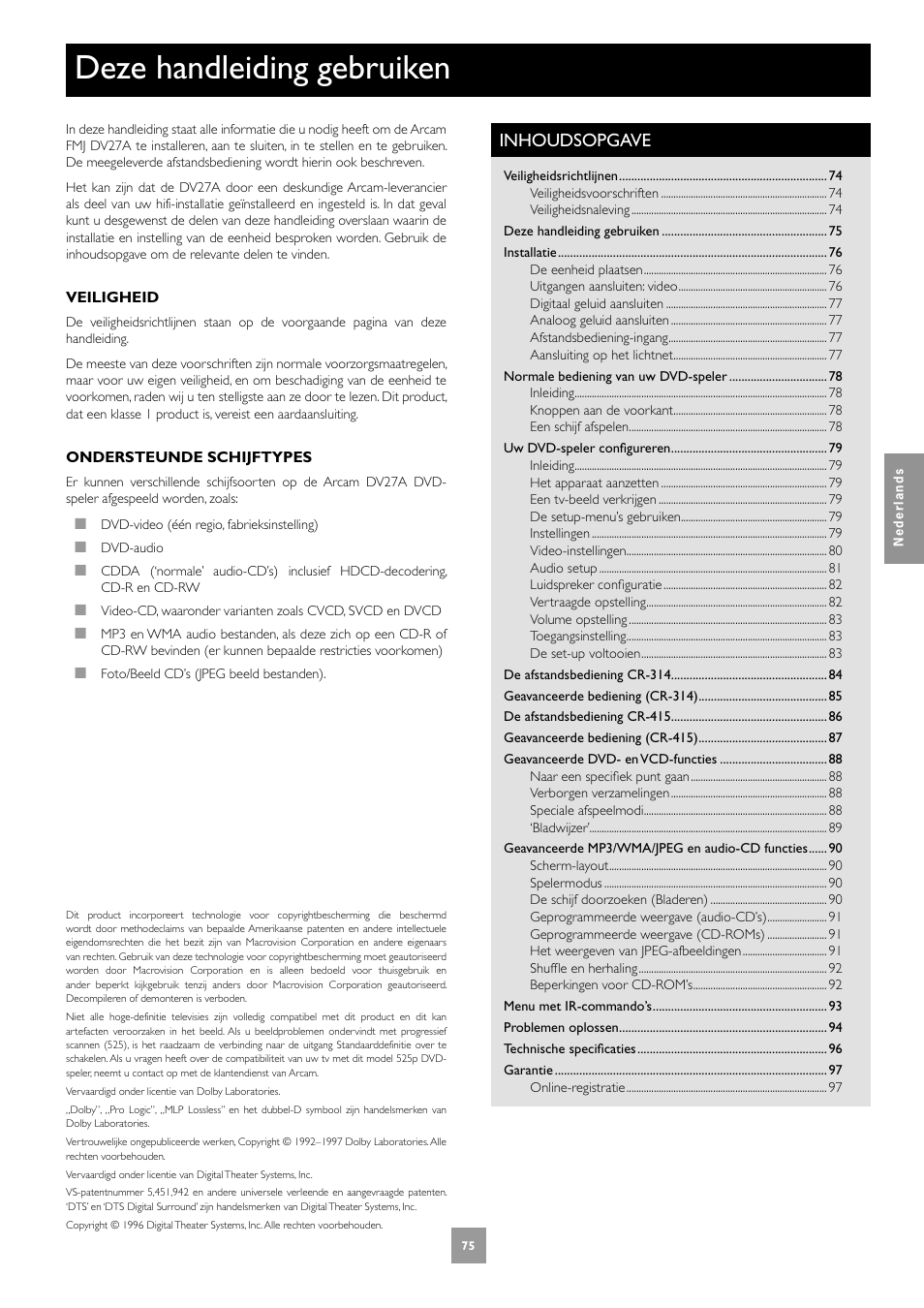 Deze handleiding gebruiken, Inhoudsopgave | Arcam DV27A User Manual | Page 75 / 100