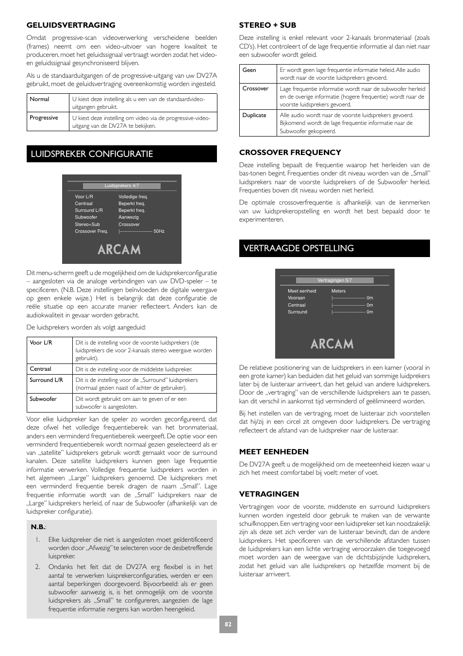 Luidspreker configuratie, Vertraagde opstelling, 82 vertraagde opstelling | Geluidsvertraging, Stereo + sub, Crossover frequency, Meet eenheden, Vetragingen | Arcam DV27A User Manual | Page 82 / 100