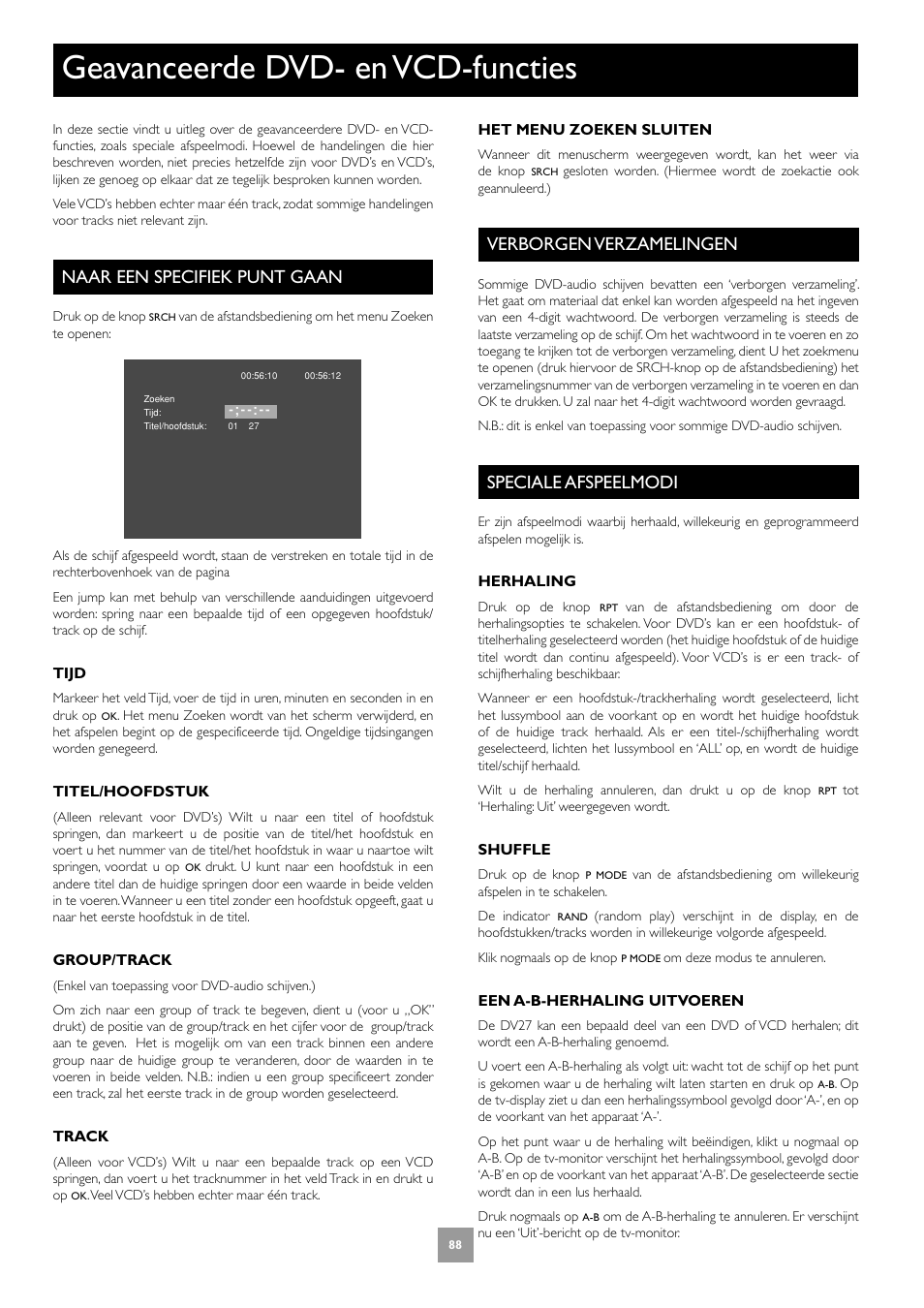 Geavanceerde dvd- en vcd-functies, Naar een specifiek punt gaan, Verborgen verzamelingen | Speciale afspeelmodi, 88 verborgen verzamelingen, 88 speciale afspeelmodi | Arcam DV27A User Manual | Page 88 / 100