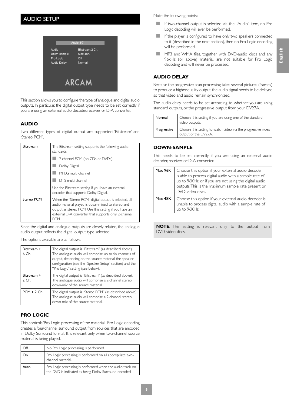 Audio setup | Arcam DV27A User Manual | Page 9 / 100