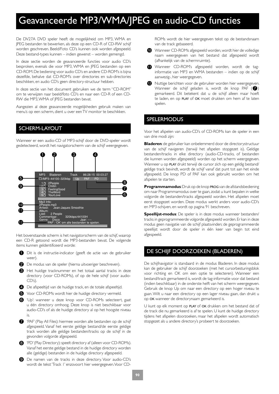 Geavanceerde mp3/wma/jpeg en audio-cd functies, Scherm-layout, Spelermodus | De schijf doorzoeken (bladeren), 90 spelermodus, 90 de schijf doorzoeken (bladeren) | Arcam DV27A User Manual | Page 90 / 100