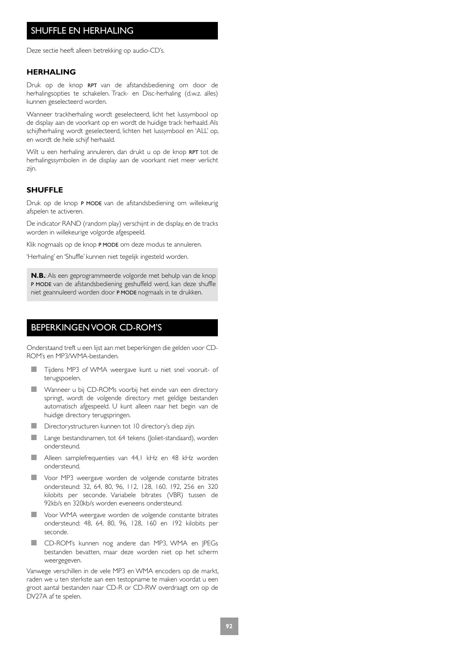 Shuffle en herhaling, Beperkingen voor cd-rom’s, 92 beperkingen voor cd-rom’s | Arcam DV27A User Manual | Page 92 / 100