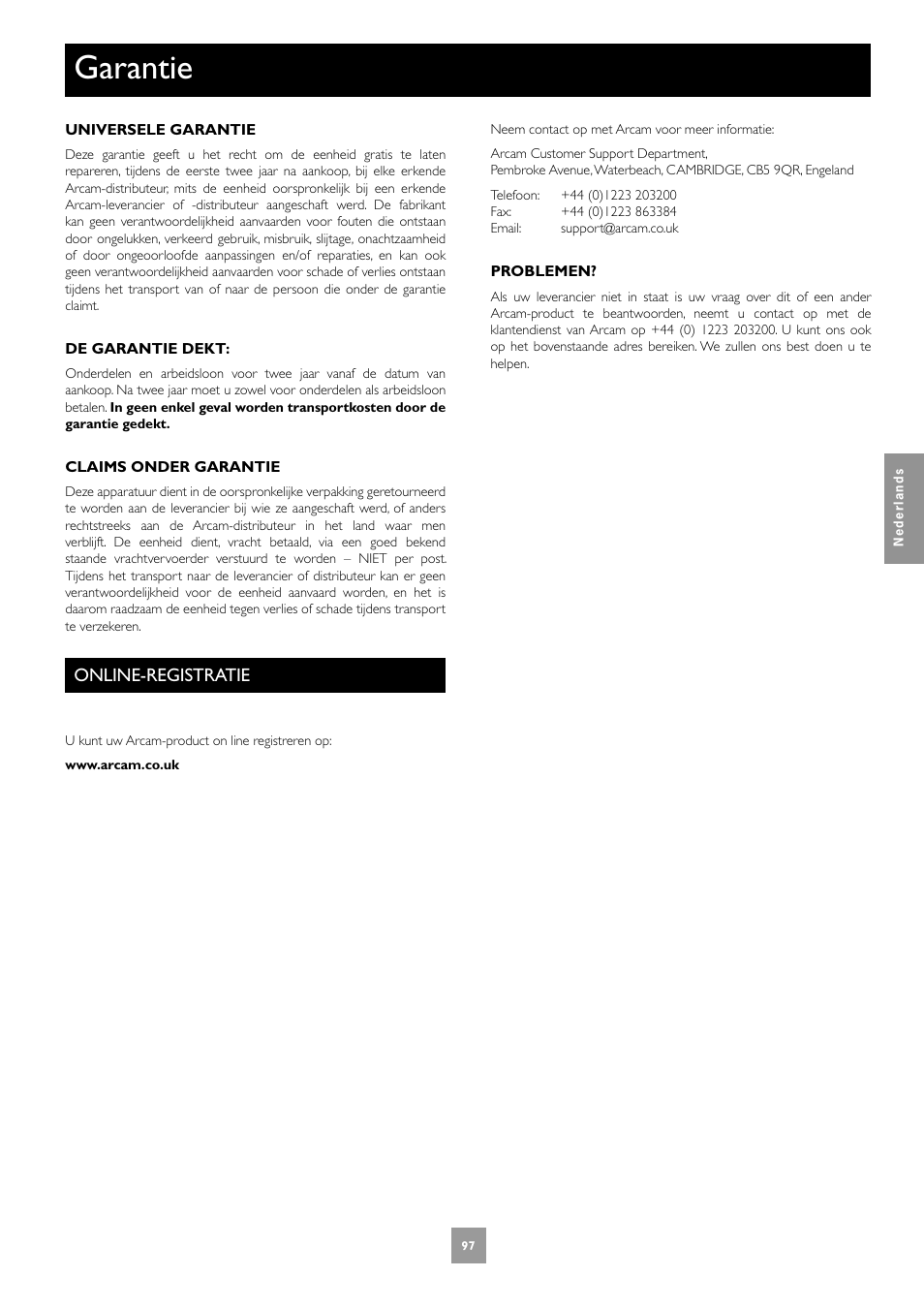 Garantie, Online-registratie | Arcam DV27A User Manual | Page 97 / 100