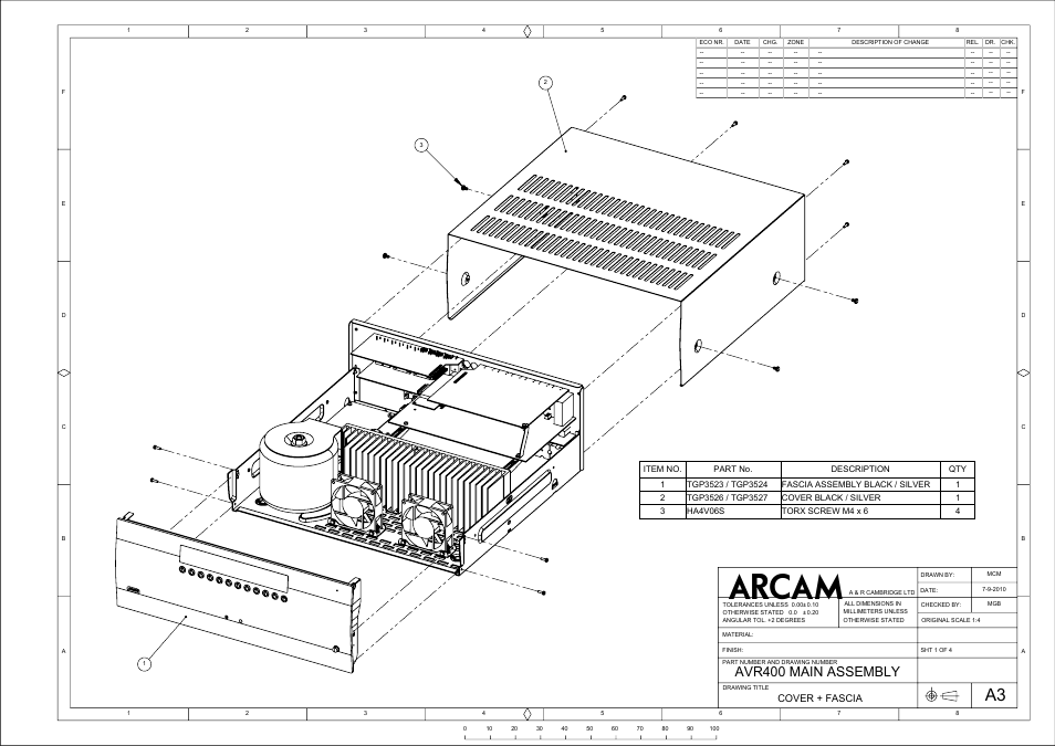 Avr400 main assembly, Cover + fascia | Arcam AVR400 User Manual | Page 2 / 34