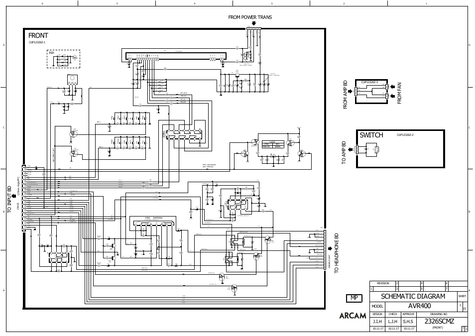 Schematic diagram, Switch front, J.i.h | L.j.h s.h.s, Model, Front), Approve check design drawing no 1 1, Sheet 1, L.e.d, Ic 90 1 | Arcam AVR400 User Manual | Page 20 / 34