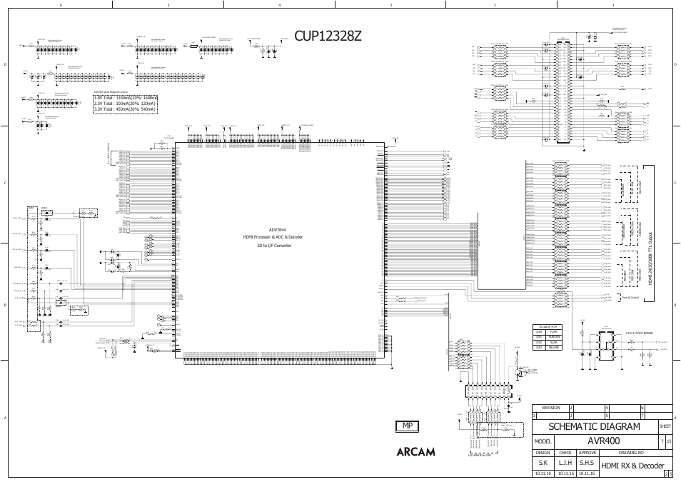 Avr400, Schematic diagram, Hdmi rx & decoder | L.j.h s.h.s, Model, Approve check design drawing no, Sheet, To-2 clock driver, I2s hdmi rx to dsp | Arcam AVR400 User Manual | Page 26 / 34