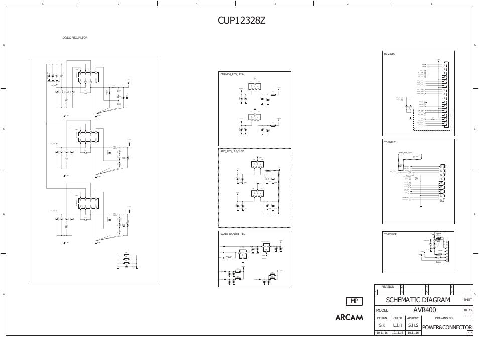 Avr400, Schematic diagram, Power&connector | L.j.h, S.h.s, Model, Approve check design drawing no, Sheet, Dc/dc regualtor | Arcam AVR400 User Manual | Page 29 / 34