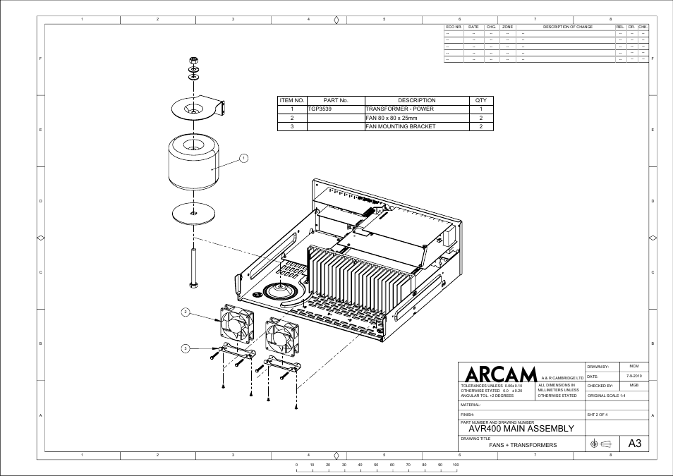 Avr400 main assembly, Fans + transformers | Arcam AVR400 User Manual | Page 3 / 34