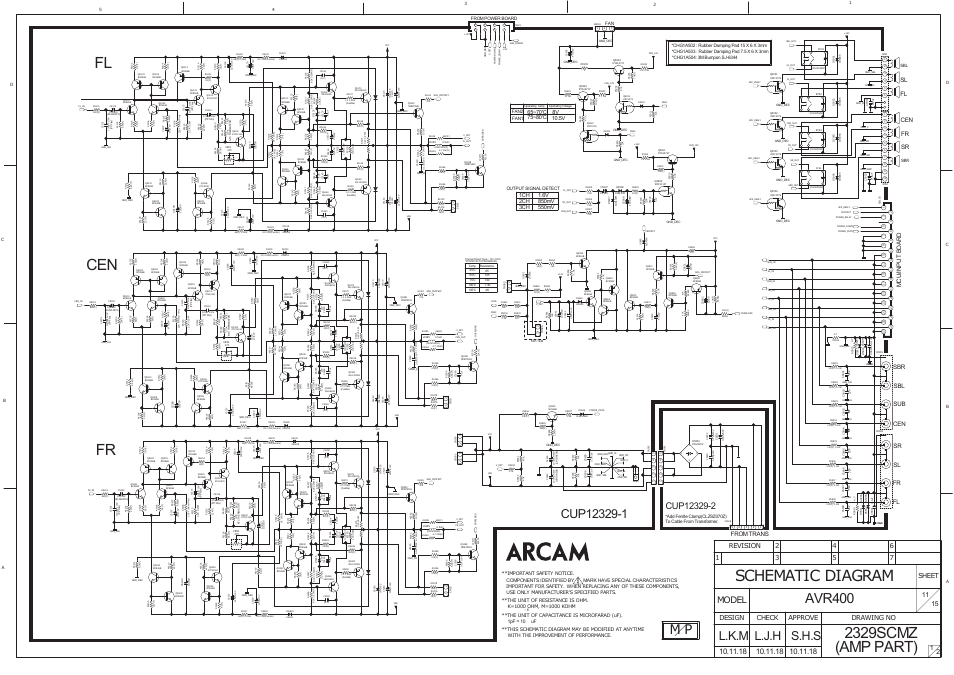 Schematic diagram, Amp part) fl cen fr, 2329scmz | Avr400, L.k.m l.j.h s.h.s, Model, Sheet, 21 drawing no design check approve, Fl fr sr sl cen, Mcu /in pu t bo ar d from trans | Arcam AVR400 User Manual | Page 30 / 34