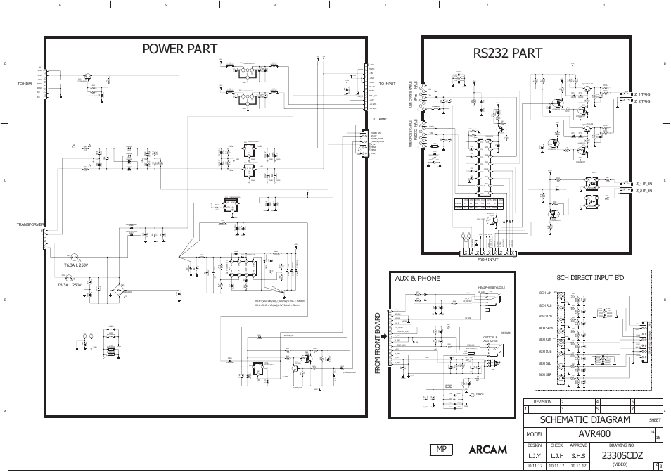 Power part rs232 part, Schematic diagram, 8ch direct input b'd | Aux & phone, L.j.y, L.j.h s.h.s, Model, Sheet, Drawing no design check approve, Video) | Arcam AVR400 User Manual | Page 33 / 34