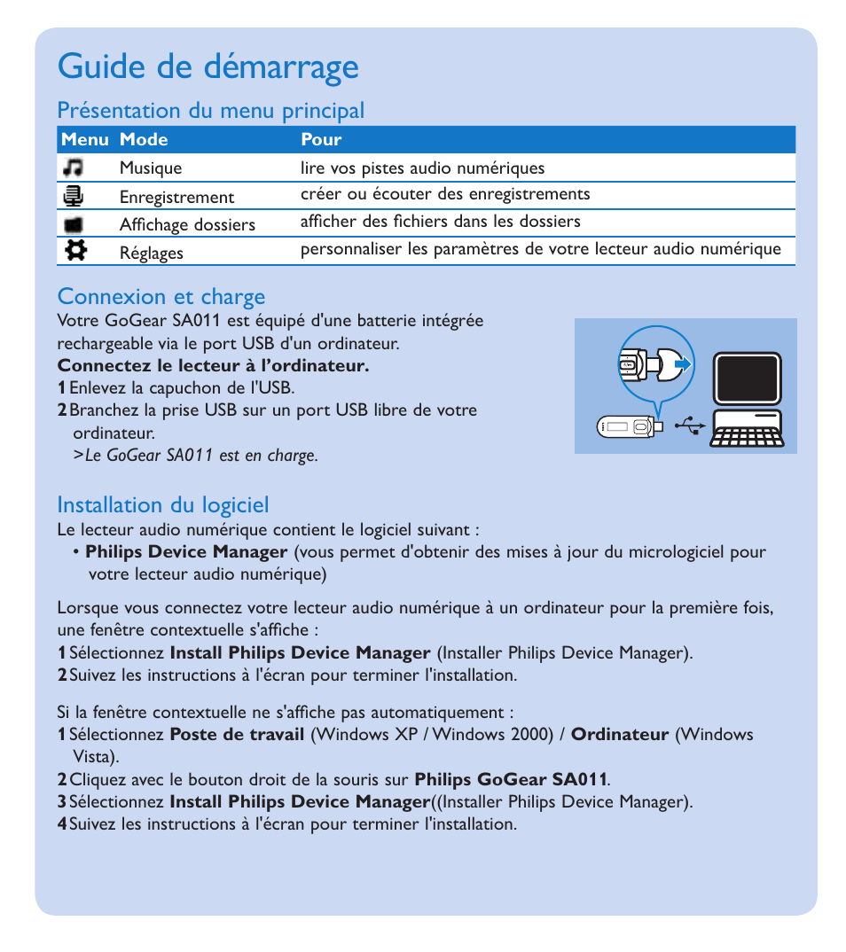 02 qsg, 㣅䁲 㚠䴶, 䁲 㚠䴶 | 㽓⧁⠭䁲 㚠䴶, Enregistrements, Guide de démarrage, Turn the gogear sa011 on and off, Getting started, Recordings, Mise sous/ hors tension du gogear sa011 | Philips GoGEAR Baladeur MP3 User Manual | Page 2 / 4