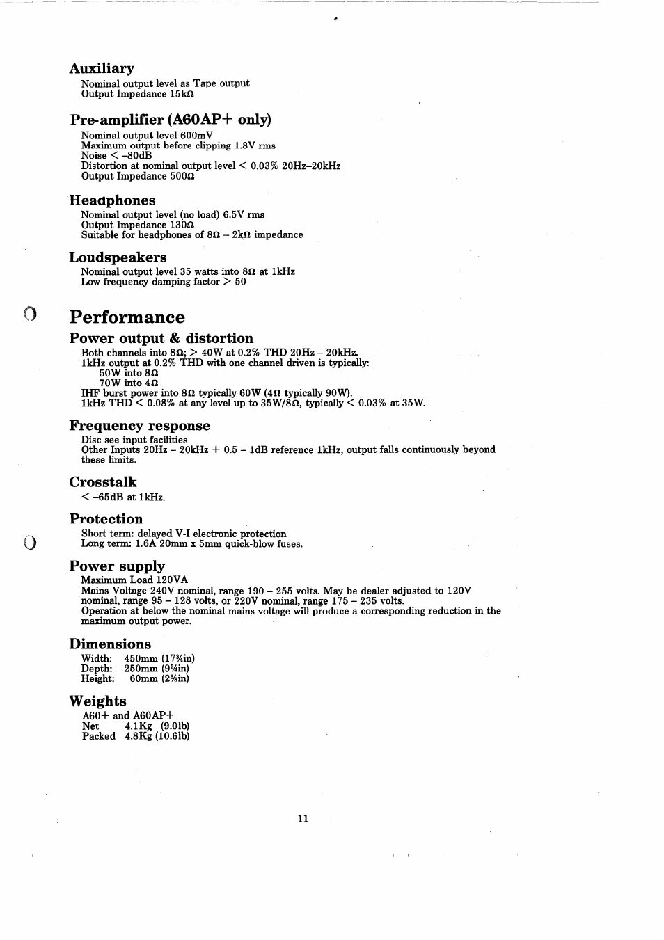 Auxiliary, Pre-amplifier (a60ap+ only), Headphones | Loudspeakers, Power output & distortion, Frequency response, Crosstalk, Protection, Power supply, Dimensions | Arcam A60 User Manual | Page 13 / 16