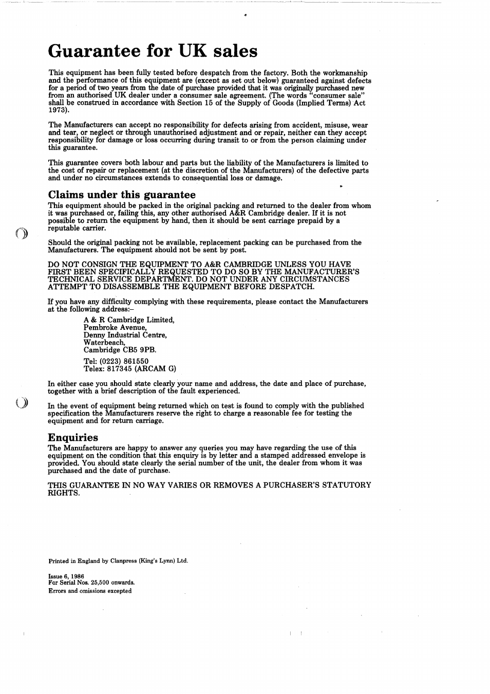 Guarantee for uk sales, Claims under this guarantee, Enquiries | Arcam A60 User Manual | Page 15 / 16