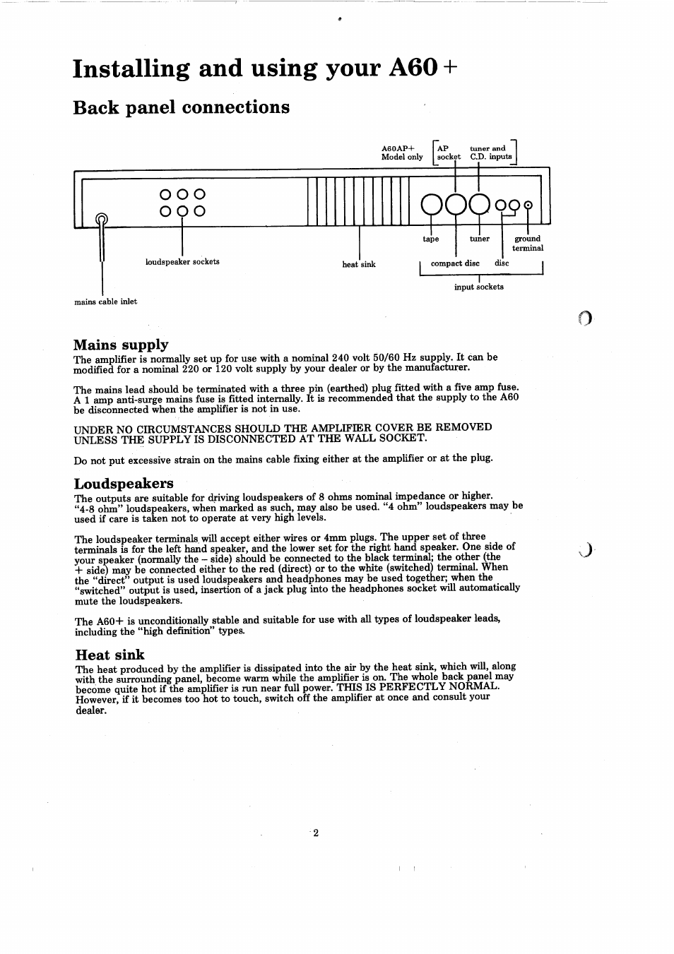 Installing and using your ago, Back panel connections, Mains supply | Loudspeakers, Heat sink | Arcam A60 User Manual | Page 4 / 16