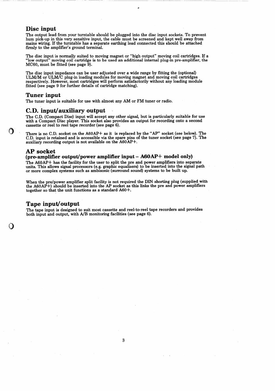 Disc input, Tuner input, C.d. input/auxiliary output | Ap socket, Tape input/output | Arcam A60 User Manual | Page 5 / 16