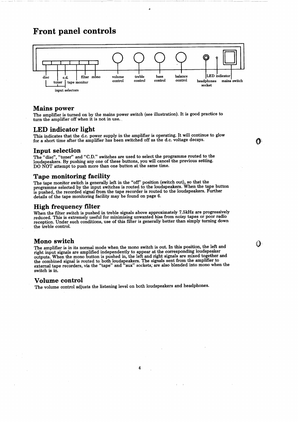 Front panel controls, Mains power, Led indicator light | Input selection, Tape monitoring facility, High frequency filter, Mono switch, Volume control | Arcam A60 User Manual | Page 6 / 16