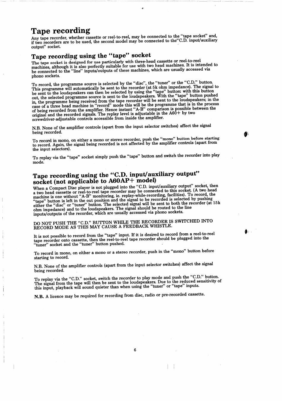 Tape recording, Tape recording using the “tape” socket | Arcam A60 User Manual | Page 8 / 16