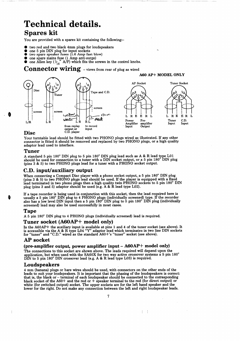 Technical details, Spares kit, Disc | Tuner, C.d. input/auxiliary output, Tape, Tuner socket (a60ap+ model only), Ap socket, Loudspeakers, Connector wiring | Arcam A60 User Manual | Page 9 / 16