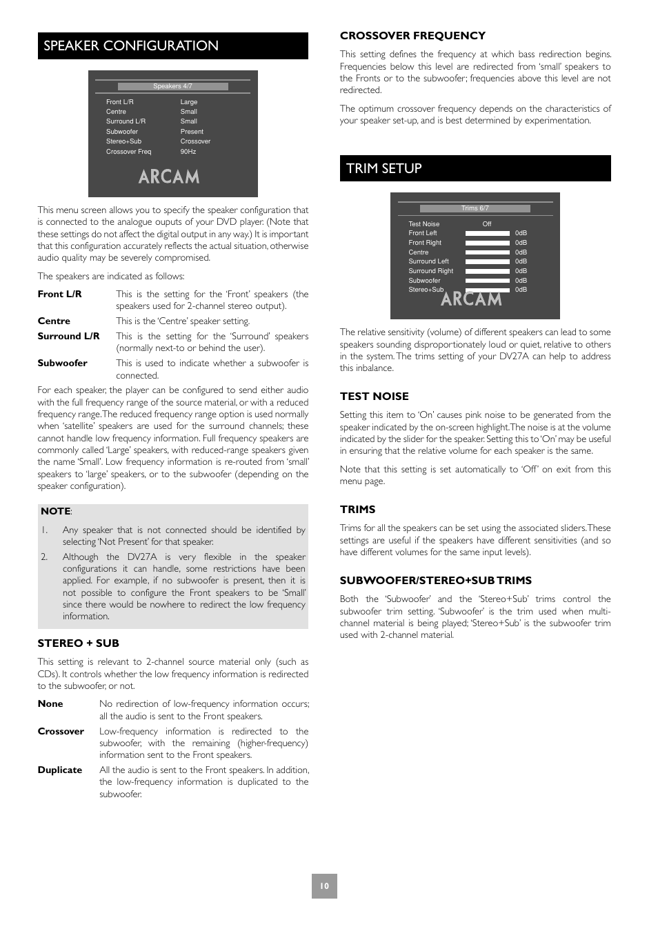 Speaker configuration, Trim setup, 10 trim setup | Stereo + sub, Crossover frequency, Test noise, Trims, Subwoofer/stereo+sub trims | Arcam Progressive scan DVD player DV27A User Manual | Page 10 / 23