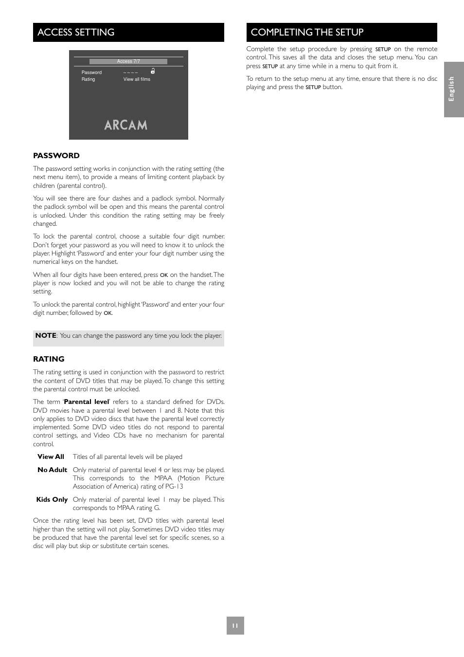Access setting, Completing the setup, 11 completing the setup | Arcam Progressive scan DVD player DV27A User Manual | Page 11 / 23
