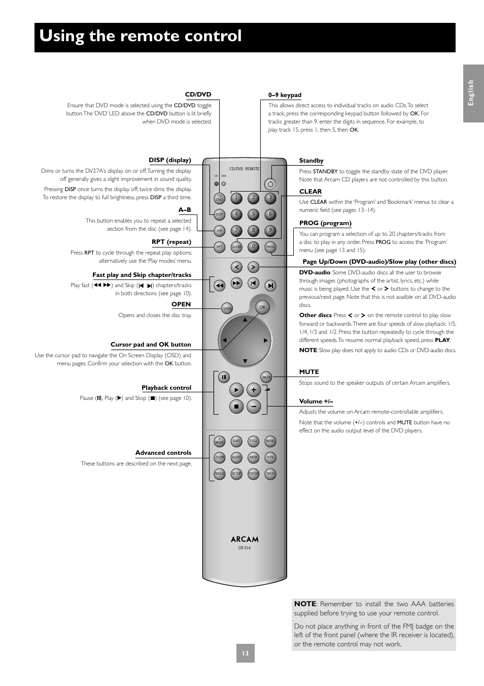 Using the remote control | Arcam Progressive scan DVD player DV27A User Manual | Page 13 / 23