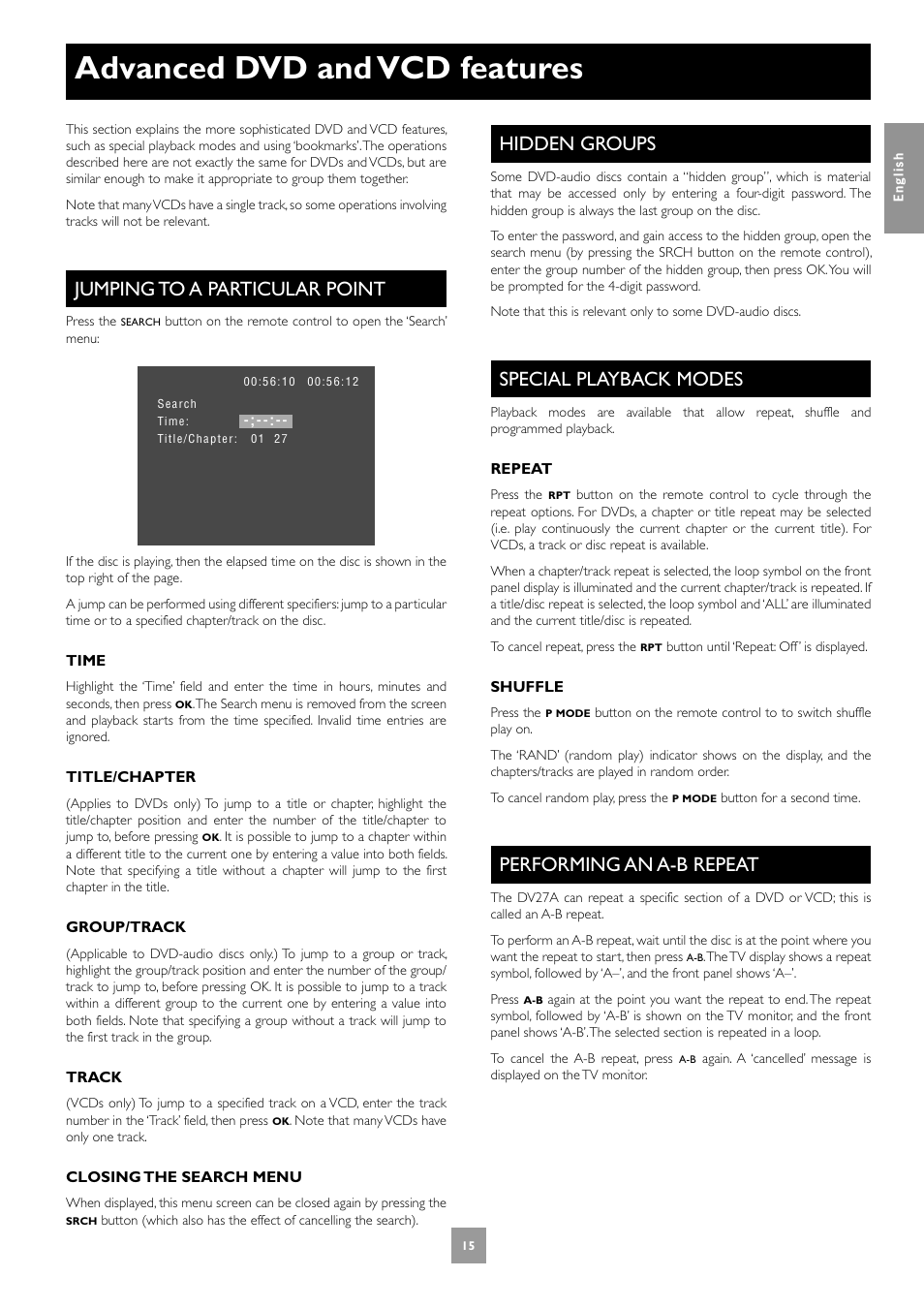 Advanced dvd and vcd features, Jumping to a particular point, Hidden groups | Special playback modes, Performing an a-b repeat, 15 hidden groups, 15 special playback modes, 15 performing an a-b repeat | Arcam Progressive scan DVD player DV27A User Manual | Page 15 / 23