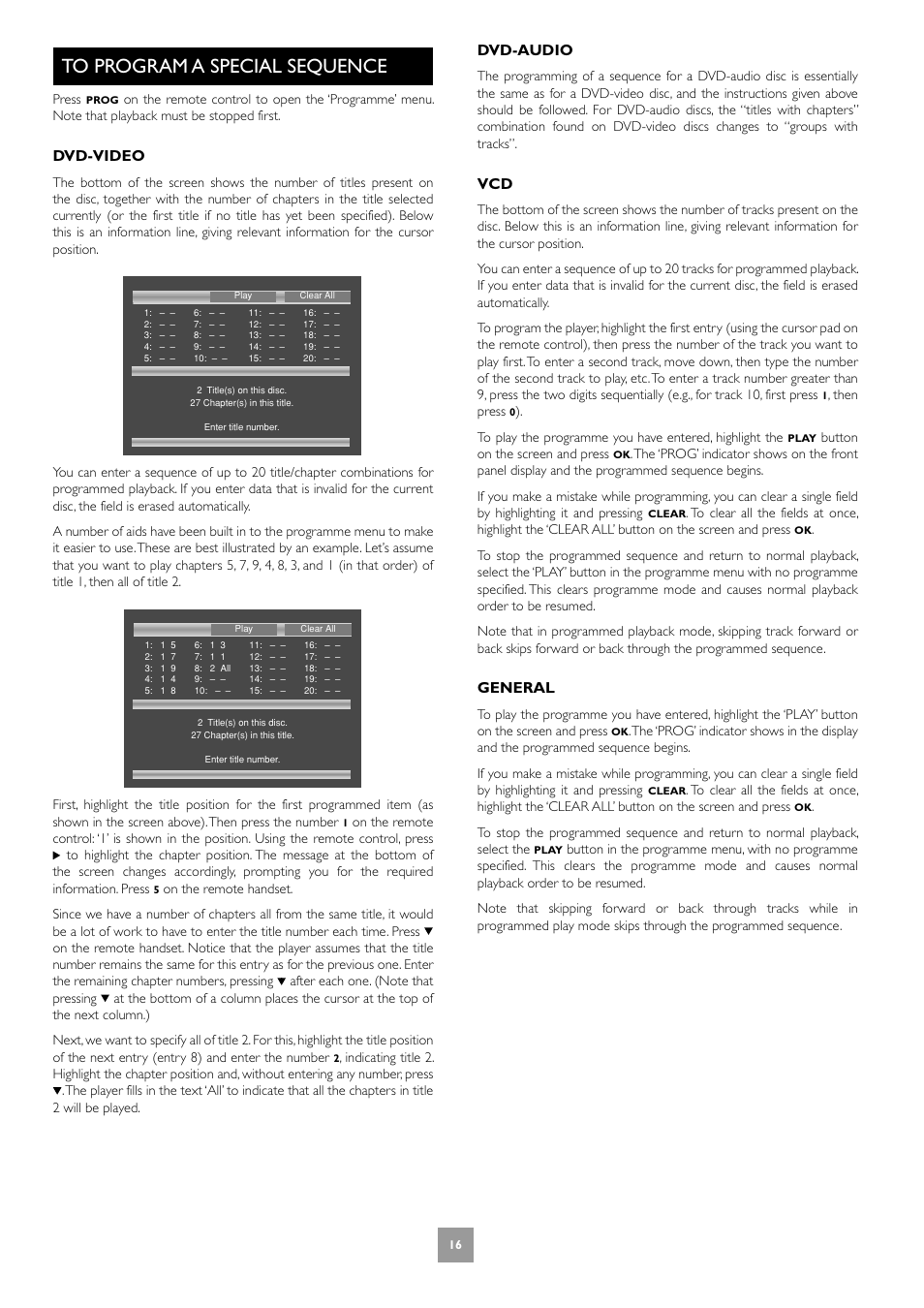 To program a special sequence, Dvd-video, Dvd-audio | General | Arcam Progressive scan DVD player DV27A User Manual | Page 16 / 23