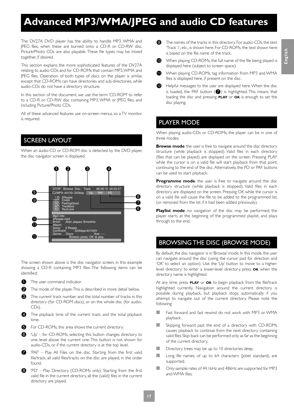 Advanced mp3/wma/jpeg and audio cd features, Screen layout, Player mode | Browsing the disc (browse mode), 17 player mode, 17 browsing the disc (browse mode) | Arcam Progressive scan DVD player DV27A User Manual | Page 17 / 23